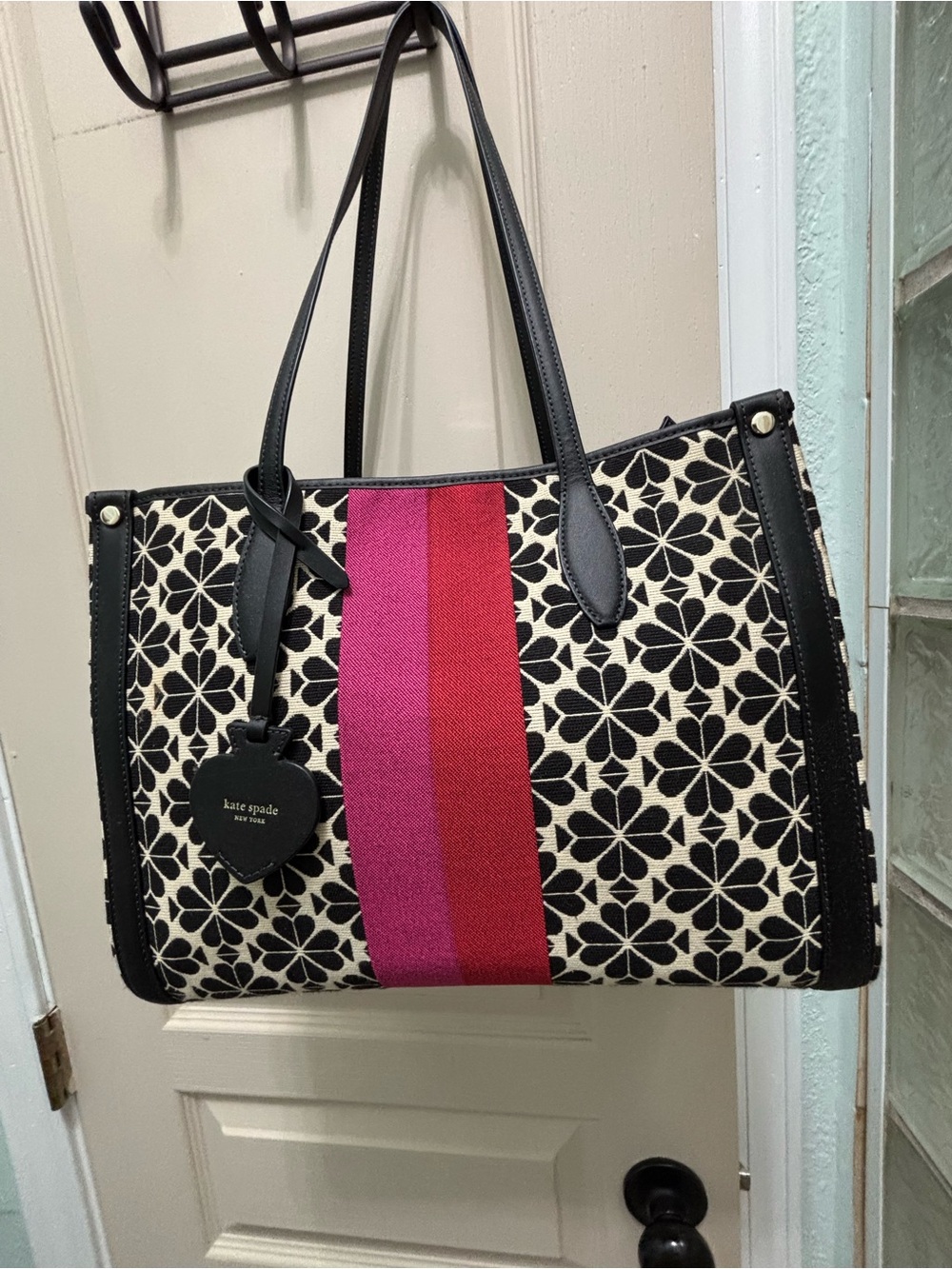 kate spade Black & Cream Floral Shoulder Bag with Pink and Red Center Stripe